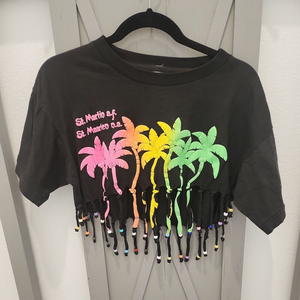 Vintage St Martin Neon Graphic Crop Top Beaded TShirt Single Stitch 80s 90s Pink